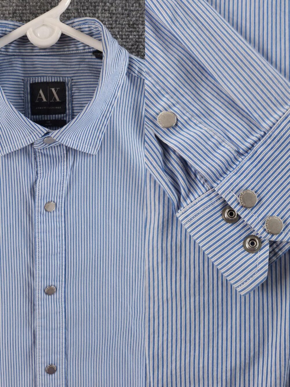 Armani Cotton Nylon Spandex Logo Small Slim Blue Striped Long Sleeve Snap Up